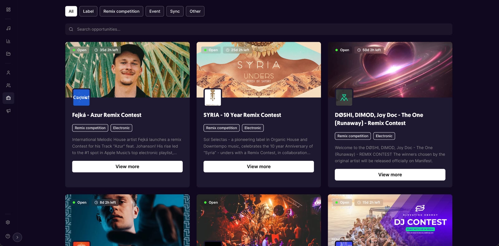 Opportunities listings for labels, contests and playlists
