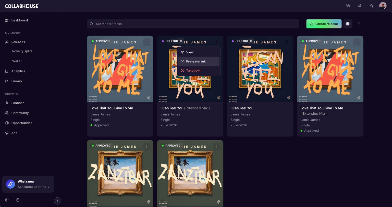 Releases overview with pre-save link option